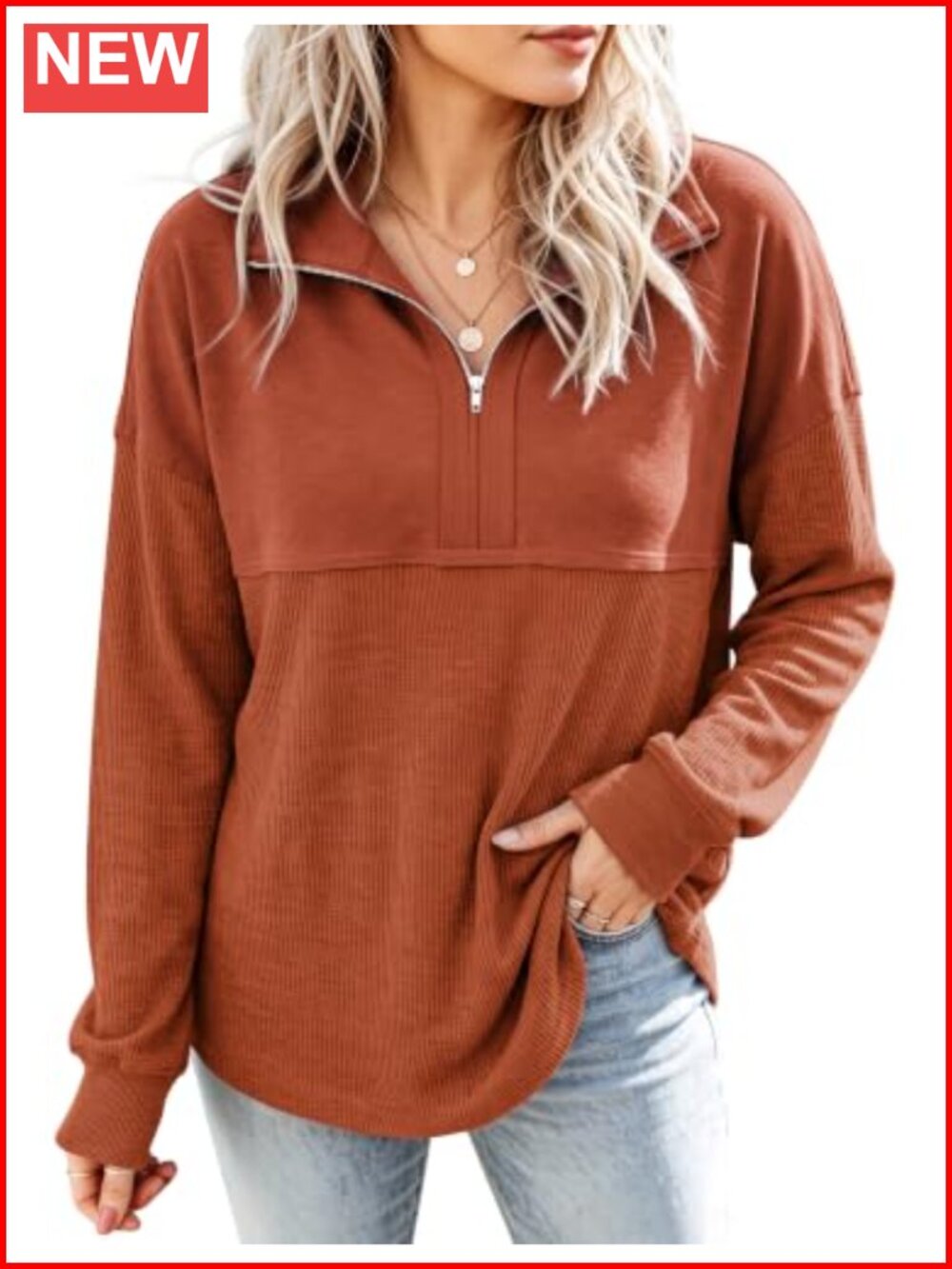 Half Zip Waffle Knit Sweatshirt Women Oversized Pullover Long Sleeve Waffle Top